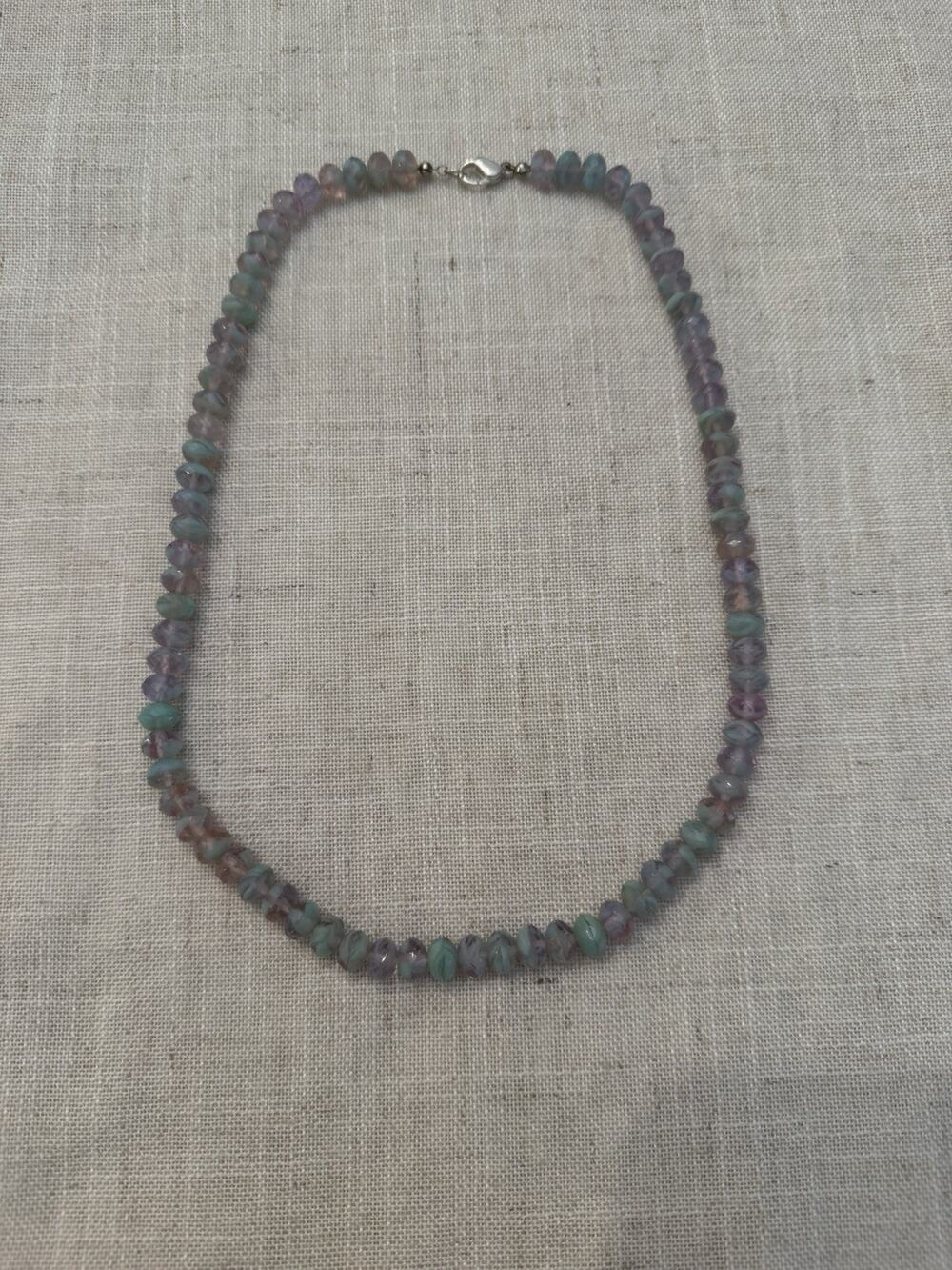 Art Glass Bead Necklace Faceted Rondelle Aqua Purple Lavender 20” Boho